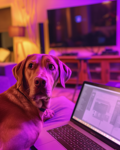 Surprised Dog with White Screen Macbook in Purple Room