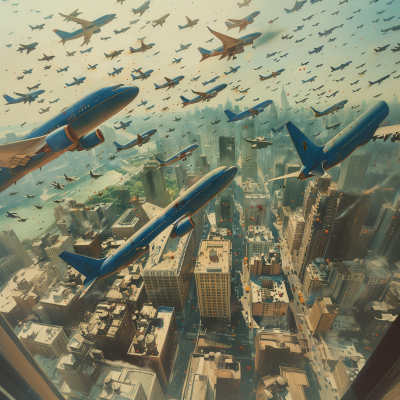 Blue Airplanes Over Cityscape