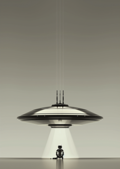 Futuristic UFO and Robotic Alien on Grey Gradient Background