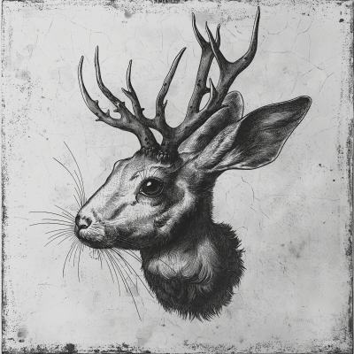 Jackalope Head Wood Block Etching