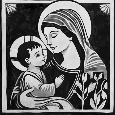 Madonna and Child in Block Print Style