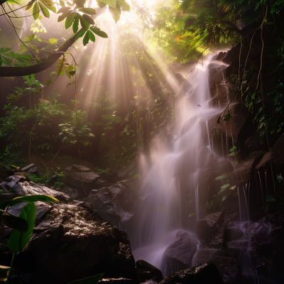 Tropical Island Waterfall at Sunset