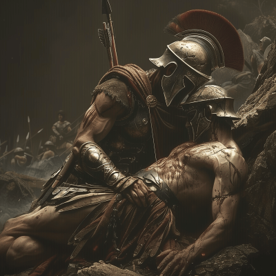 Spartan Soldier Cradling Another Soldier Shot with Arrow