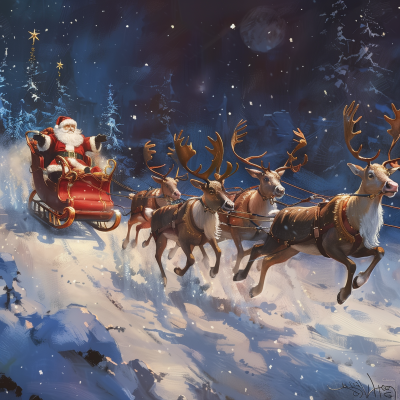 Flying Reindeer Towards Santa’s Sleigh