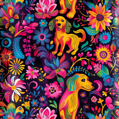 Colorful Dog and Flower Pattern