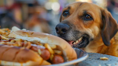 Dog with Mouth Full of Hot Dogs on Street