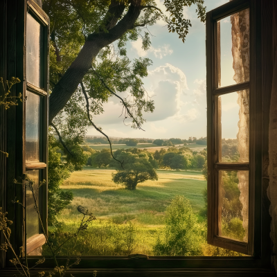 Sunny Countryside View Through a Window