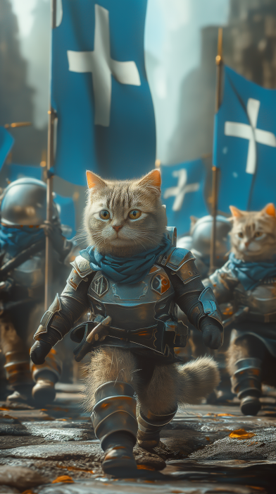 Group of Cats in Futuristic Space Armor with Scottish Flag