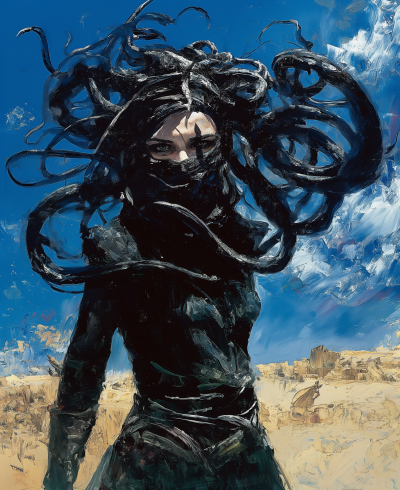 Medusa in Cyberpunk Attire on Greek Battlefield