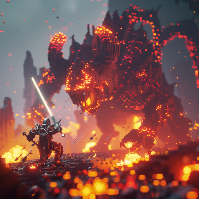 Voxel Warrior on Burning Battlefield