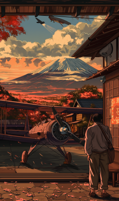 Old plane next to a Japanese house at sunset