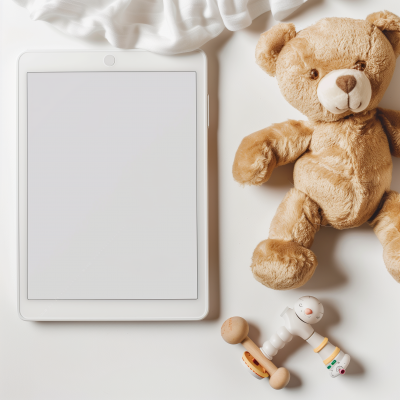 Blank eReader with Baby’s Rattle and Teddy Bear