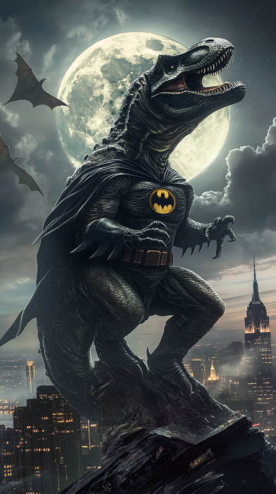 Tyrannosaurus Dinosaur in Batman Suit on Building