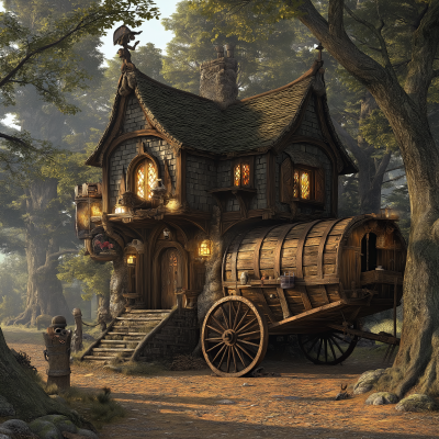 Medieval Fantasy Tavern with Romani Wagon