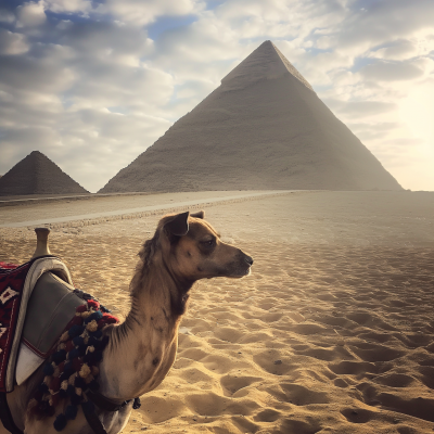 Dog Riding a Camel in front of the Great Pyramids