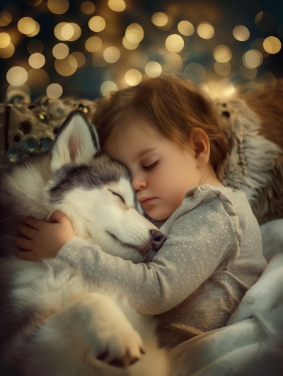 Sleeping Infant Hugging Husky Dog