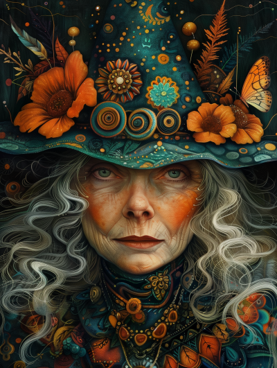 Colorful Old Witch Folk Art Style Illustration