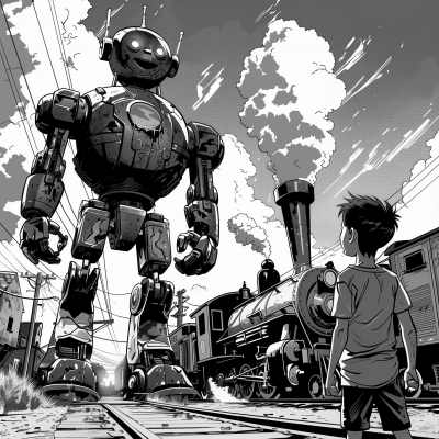 Black and White Comic Style Photo with Boy and Robot