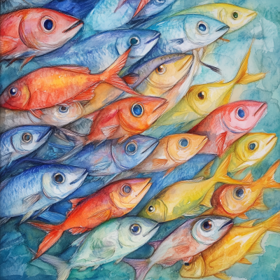 School of Fish in Pastel Watercolor