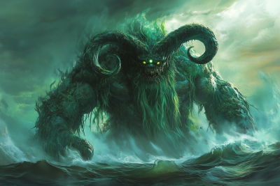 Glowing Green Monster in Stormy Ocean