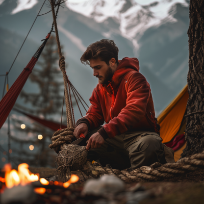 Young man cutting unnecessary rope for hammock