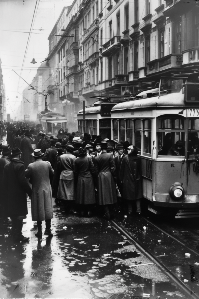 Crowd on Wide Street during Tram Accident