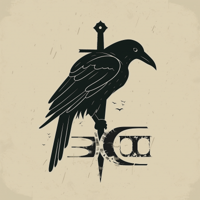 Minimalist Crow with Sword Woodcut Logo