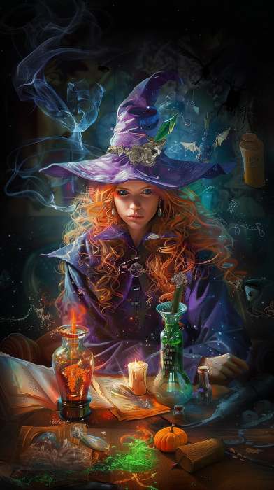 Mystical Young Female Witch with Red Hair and Purple Dress