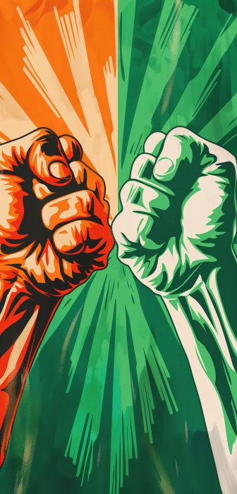 Two fists check in vibrant green and orange colors