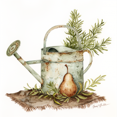 Watercolor painting of a watering pot with a pear and herbs decoration