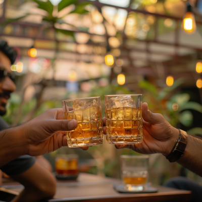 Indian Friends Toasting in Outdoor Cafe