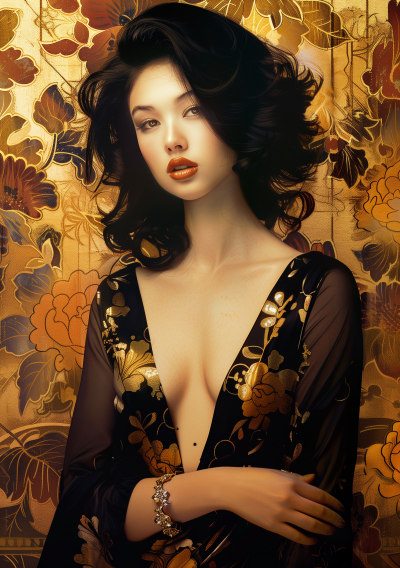 Woman with Gold Floral Background