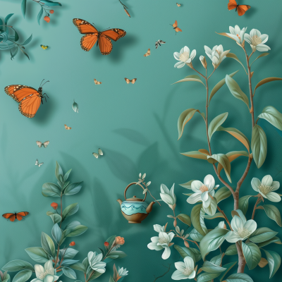 Nature Scene with Butterflies and Tea
