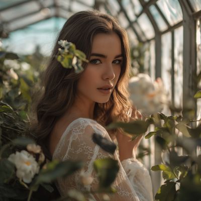 Woman Portrait in White Greenhouse