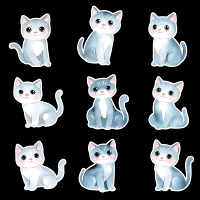 Cute Cat Watercolor Clipart Sticker Set