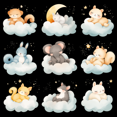 Sleepy Animals Watercolor Clipart Sticker Set