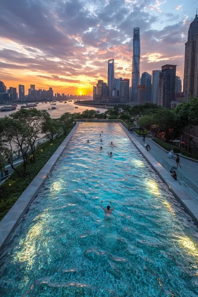 Shanghai Huangpu River Waterfront Park at Dusk