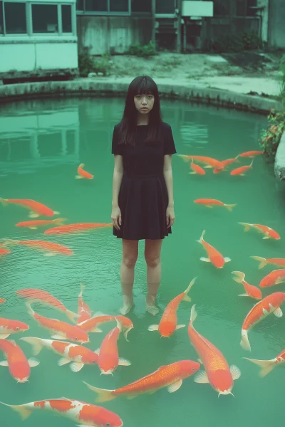 Abandoned Factory Courtyard Pond with Koi Fish