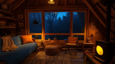 Cozy Wooden Hut Interior at Night