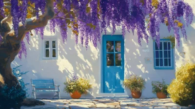 Purple Wisteria in Greek House Painting