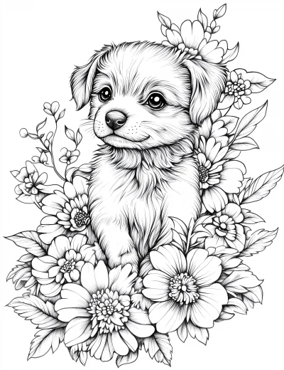 Intricate Line Art of a Cute Puppy surrounded by Flowers