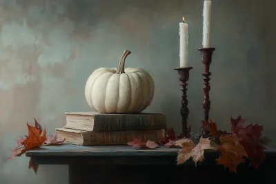 Captivating Pumpkin and Old Book Oil Painting