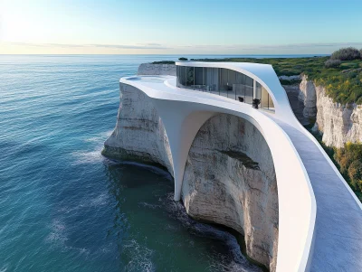 Long White Architectural Structure on Coastal Cliff