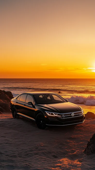 Black Volkswagen Passat on the Beach at Sunset