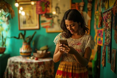 Mexican woman in culturally decorated room