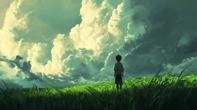 Boy in a Green Field with Storm Clouds