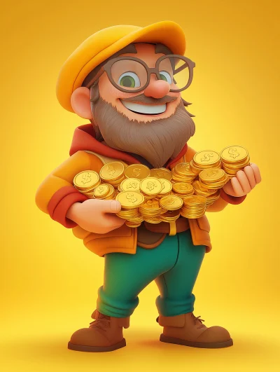 Cheerful Cartoon Character with Gold Coins