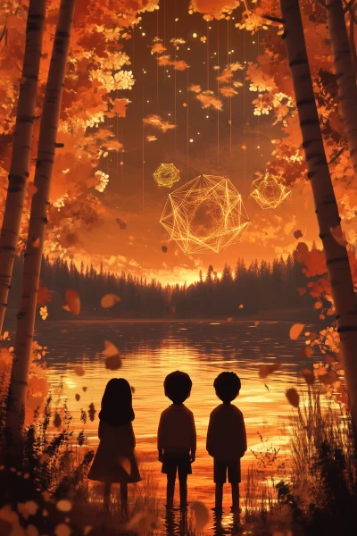 Silhouette of a boy and a girl looking at a 3d scene of an aspen forest