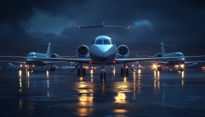 Corporate Jets on Airport Tarmac at Night