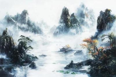 Misty Oriental Mountain Illustration